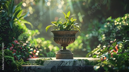 Vintage Marble Pedestal Planter with Lush Green Tea Leaves in a Serene Sunlit Garden - Product Photography