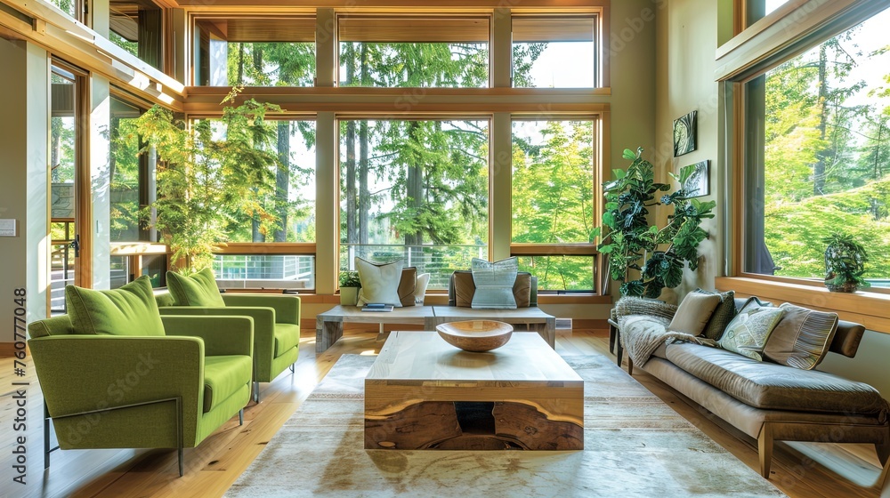 Lush open-plan living with eco-friendly design and vibrant green accents.