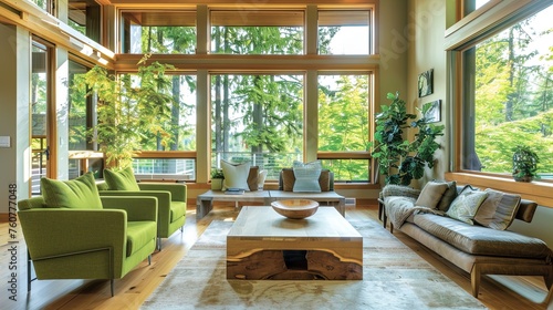 Lush open-plan living with eco-friendly design and vibrant green accents.