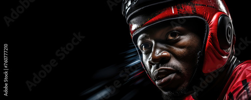 african american boxer in boxing helmet on black background, martial arts, banner with copy space