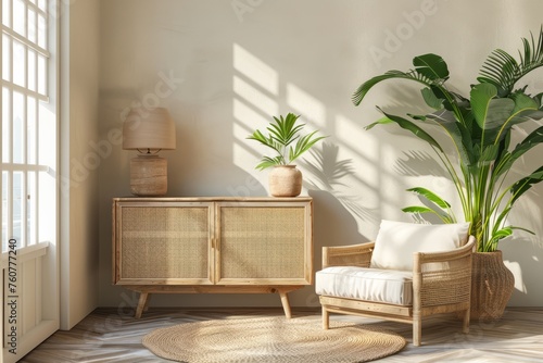 Interior with wooden cabinet and armchair  flower in pot