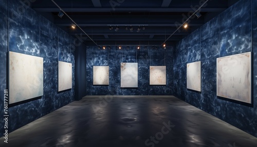 Moody Art Gallery Interior with Velvet-Textured Walls and Spotlighted Empty Canvases.