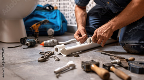 Plumber at work, fitting pipes on a bathroom floor with various plumbing tools photo