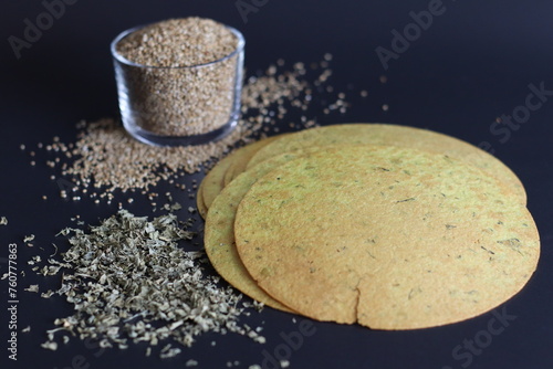 Crunchy Bajra Methi Khakhara or Roasted millet fenugreek leaves crisps photo