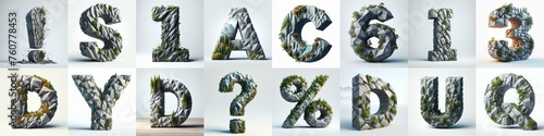 Granite polygonal 3D Lettering Typeface. AI generated illustration photo