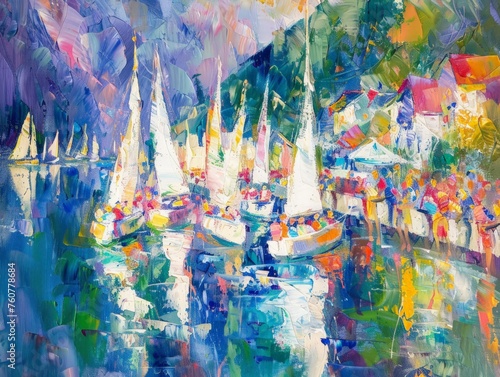 A painting depicting multiple sailboats gliding across a body of water, with the sails billowing in the wind under a sunny sky