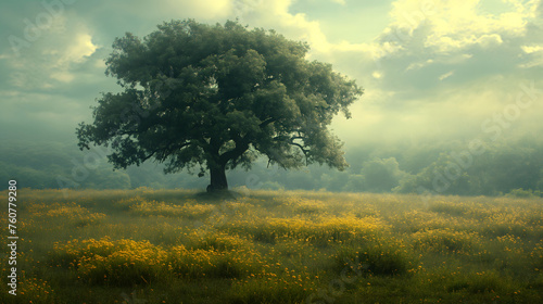 Old tree in a meadow with yellow flowers in the fog