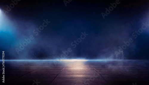 Abstract dark futuristic Blue smoky background with neon light rays