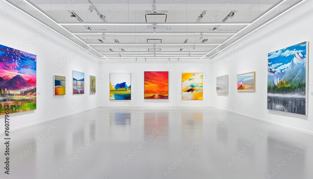 Tranquil Art Gallery with Delicately Lit Paintings on Immaculate White Walls. Tranquil Art Gallery with Delicately Lit Paintings on Immaculate White Walls.