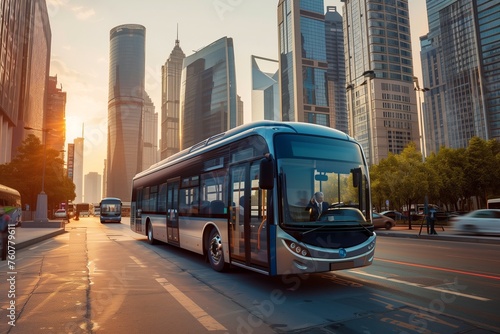 Sustainable Urban Transportation Solutions Featuring Electric Buses in a Modern Cityscape for International Engineers Day.