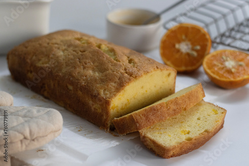 Sliced Loaf of Orange pound cake, also known as citrus loaf cake or orange butter cake