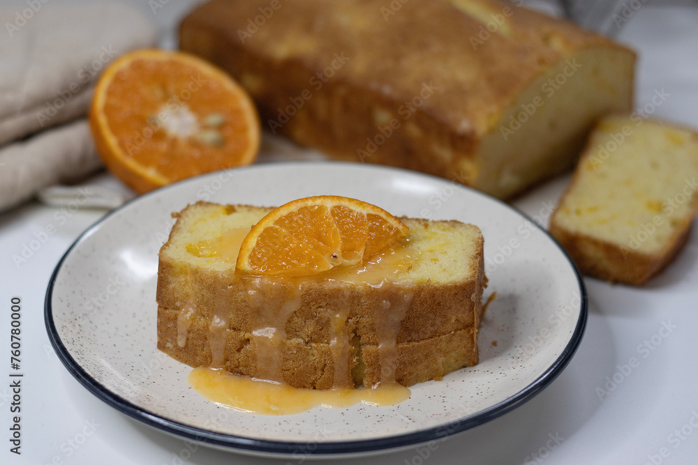 Slices of Orange pound cake, also known as citrus loaf cake or orange butter cake