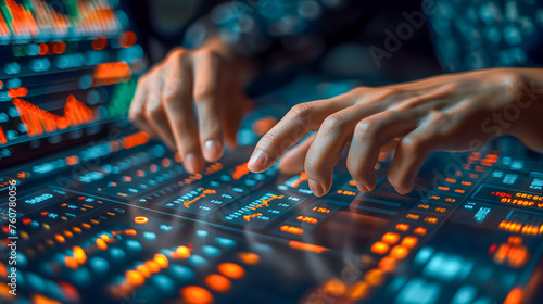 Close up of businesswoman hand working with data on computer screen