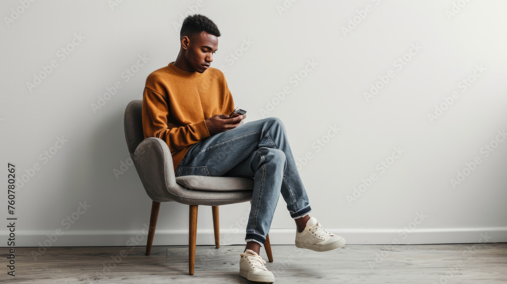 Man is sitting comfortably in a chair, smiling and looking at his smartphone Man is sitting comfortably in a chair, smiling and looking at his smartphone