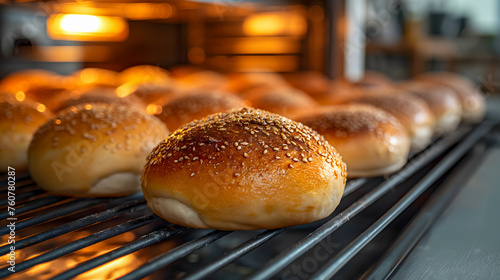 Buns with sesame seeds on a baking sheet in the oven