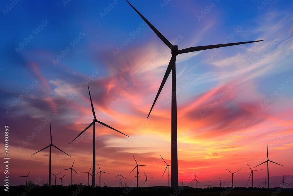 Obraz premium Wind Turbine Farm at Sunset: A Symbol of Renewable Energy and Sustainable Engineering Excellence for International Engineers Day.