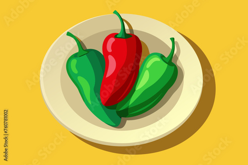 red and green pepper, vegetables on the plate, simple illustration, view from above