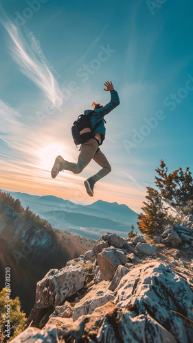 Action camera in extreme sports scenario, mid-jump over a rugged mountain trail, highlighting durability