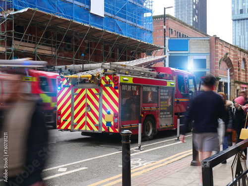 Photography Fire Engine Responding to Emergency in Busy British City - Blue Flashing Lights