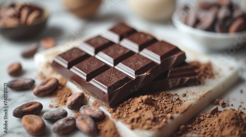 Chocolate. Beautiful chocolate background. Sweet food photography concept. Dark chocolate, crushed cocoa beans, fruits on a delicate background.