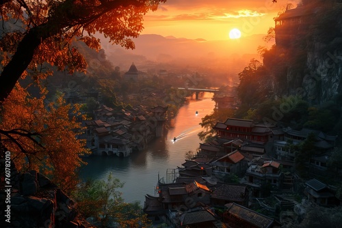 Picturesque Ancient town sunset. Famous city island. Generate Ai