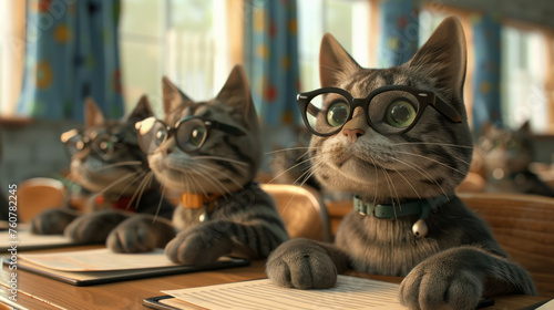 Nerdy cats with glasses sits at a table with books studying in classroom.