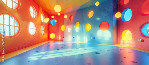 Vibrant Polka Dot Room: A Whimsical Children's Play Space Filled with Primary Colors and Soft Lighting photo