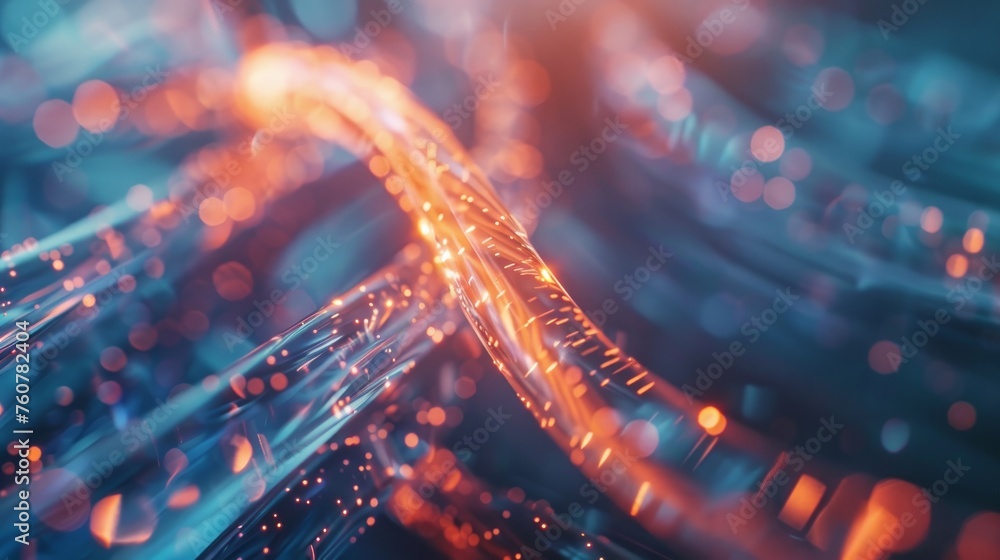 A close-up view of two fiber optic cables in the moment of connection A close-up view of two fiber optic cables in the moment of connection