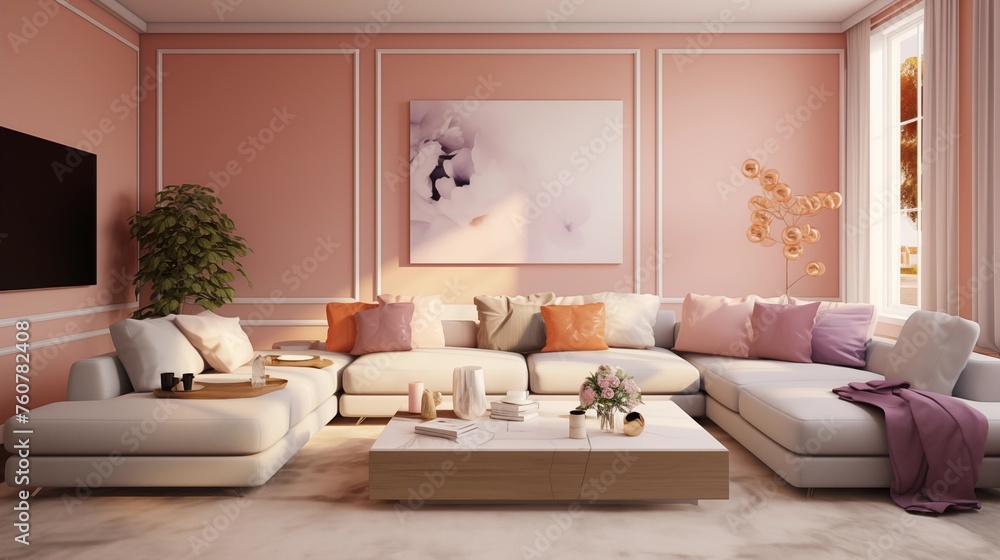 Peach Walls with Lavender and Beige Accents in the TV Lounge. Peach Walls with Lavender and Beige Accents in the TV Lounge.