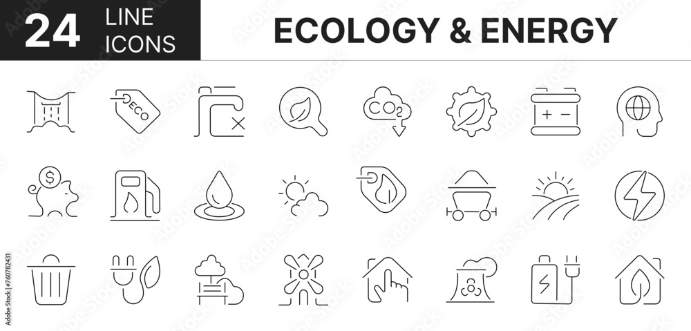 Collection of 24 ecology & energy line icons featuring editable strokes. These outline icons depict various modes of ecology & energy. renewable energy, green technology.