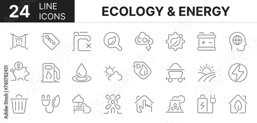 Collection of 24 ecology & energy line icons featuring editable strokes. These outline icons depict various modes of ecology & energy. renewable energy, green technology.