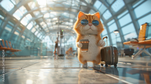 Funny cat traveler with travel bag and coffee cup in airport terminal, travel vacation summer holiday concept.