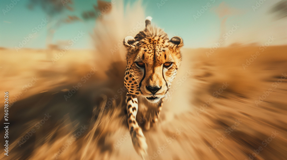cheetah running to the camera view on the sahara - obrazy, fototapety, plakaty 