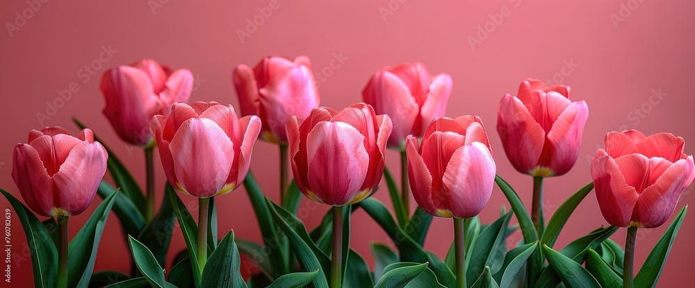Fototapeta premium Pink tulips on a pink background, laid flat, in the concept of copy space for a Happy Mother's Day, Wallpaper Pictures, Background Hd