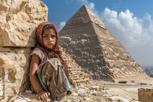 Mysterious Ancient egyptian pyramid child girl. Ancient worker. Generate Ai