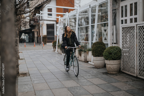 Wallpaper Mural A stylish woman with a relaxed posture is riding a bicycle on a city sidewalk, conveying a sense of urban freedom and active lifestyle. Torontodigital.ca