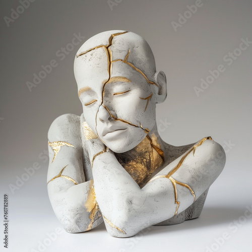 Concept of psichological help with challenges. A white marble sculpture restored with japanese Kintsugi technique. The  beauty of imperfections, wabi sabi principle. A lot of space for copy text