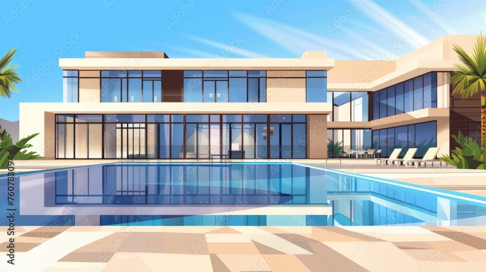 Fototapeta premium A flat design vector illustration of a large modern villa with an expansive swimming pool