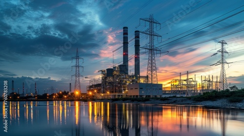 A twilight photo capturing the imposing silhouette of a power plant against the fading light of dusk