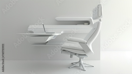A minimalist office chair with a floating top, a hidden storage system, and a white finish.
