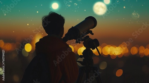 An individual engages with the night sky through a telescope against the backdrop of a city's glowing lights, creating a serene moment under the moon's soft glow