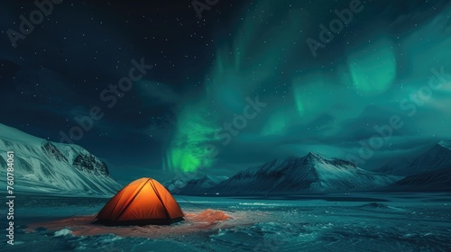 A vibrant yellow tent glows warmly against the cold, snow-covered landscape, under the mystical dance of the aurora borealis, offering an enchanting escape into the arctic wilderness