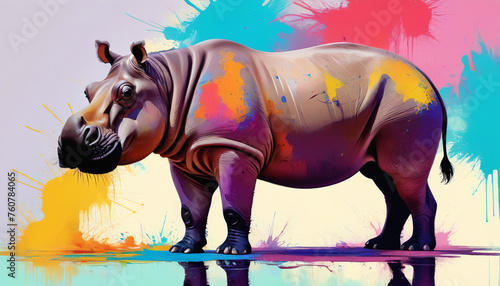 Colorful hippopotamus painted in various colors. Conceptual artwork. Generative AI.  