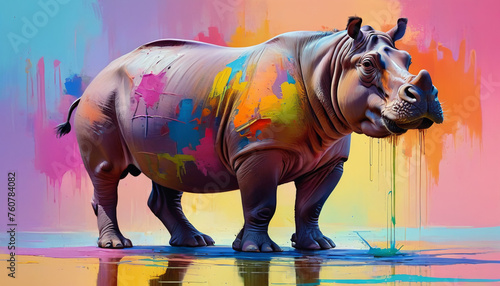 Colorful hippopotamus painted in various colors. Conceptual artwork. Generative AI.
