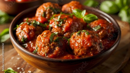 Meatballs with tomato sauce in a bowl on a wooden background