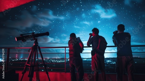 Under a celestial tapestry, a group of stargazers convenes on a balcony with a telescope, immersing themselves in the wonders of the night sky, astrotourism, meteor showers, eclipse chasing photo