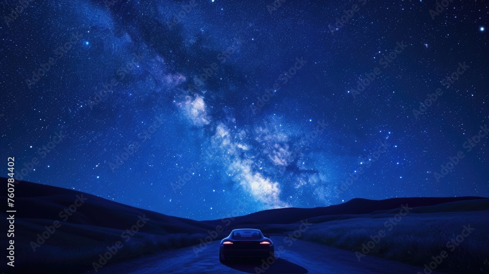 Galactic journey - road under the stars. A car's headlights cut through the dark, illuminating a dirt road that leads into the heart of a starry night