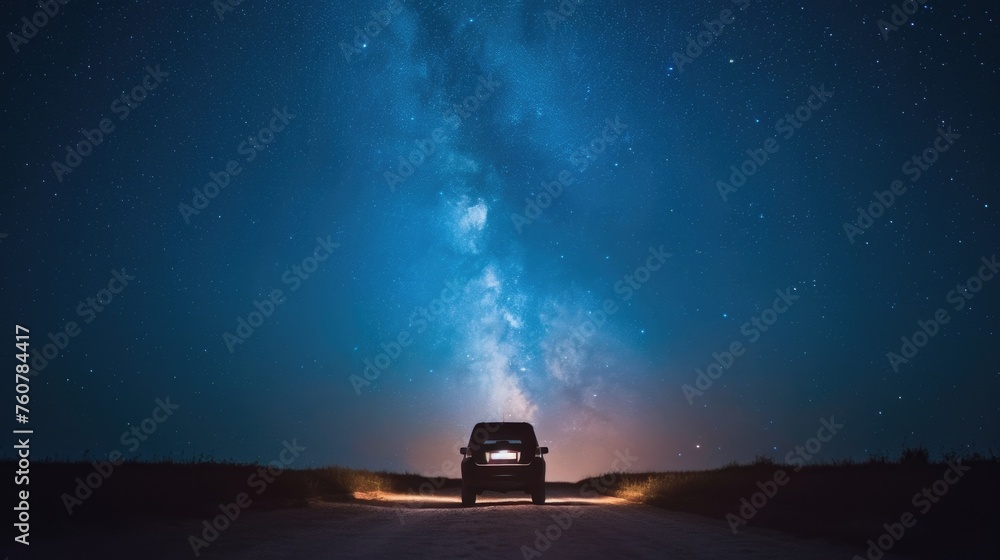 Galactic journey - road under the stars. A car's headlights cut through the dark, illuminating a dirt road that leads into the heart of a starry night Galactic journey - road under the stars. A car's headlights cut through the dark, illuminating a dirt road that leads into the heart of a starry night