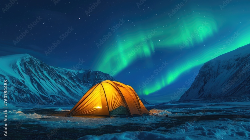 A vibrant yellow tent glows warmly against the cold, snow-covered landscape, under the mystical dance of the aurora borealis, offering an enchanting escape into the arctic wilderness