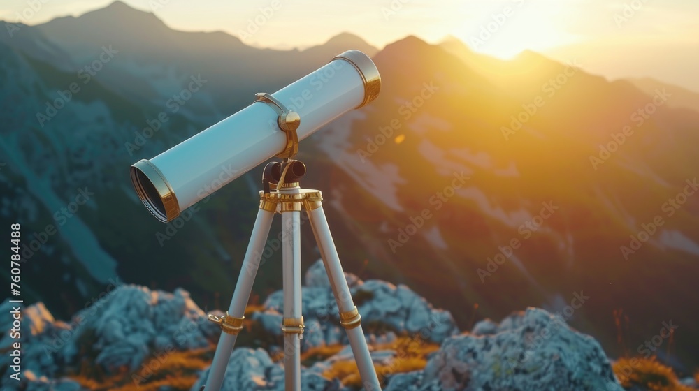 As the first light of dawn graces the mountains, a solitary telescope stands ready on a summit, inviting a day of celestial discovery and exploration in nature, astrotourism, astronomy tours - obrazy, fototapety, plakaty 